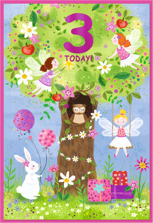 Make a little girl's third birthday extra special with this enchanting card from Simon Elvin. Bursting with vibrant colours and whimsical charm, it features a magical woodland scene. Friendly fairies flutter amongst the leaves, a sweet bunny holds balloons, and a sleepy owl peeks from its tree hollow. With "3 TODAY!" proudly displayed and sparkling gifts nestled in the grass, this delightful design is perfect for celebrating a precious milestone. Each pack contains 6 beautiful cards, ready to bring joy to every recipient.