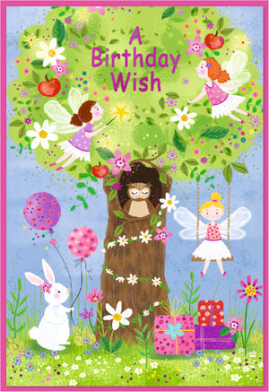 Celebrate a special day with our enchanting 'Open Birthday Female' card from Simon Elvin. This delightful card features a vibrant, whimsical scene bursting with charm and wonder. Fairies flutter among the leaves of a magical tree, one making a wish with her sparkling wand, another soaring through the air, and a third enjoying a gentle swing. An adorable white rabbit holds colourful balloons, while a wise owl peeks from its cosy tree hollow. The heartfelt message 'A Birthday Wish' is beautifully displayed, surrounded by blossoming flowers and ripe red apples. With cheerful gifts nestled in the grassy meadow, this card perfectly captures the joy and magic of a birthday, making it an ideal choice for any female recipient.