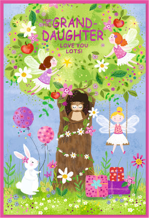 Show your granddaughter how much she's loved with this charming card from Simon Elvin. This delightful design features a magical woodland scene, full of vibrant colours and sweet details. Fairies flit among the leaves of a grand tree, where an owl watches from its cosy hollow. A cute bunny holds festive balloons, and colourful gifts are nestled in the grass below. The prominent message 'FOR YOU GRAND-DAUGHTER LOVE YOU LOTS!' beautifully conveys affection. It's an ideal choice for celebrating a special granddaughter. Available in a pack of 6 (1x6).