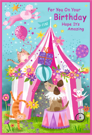 Brighten her special day with this enchanting Open Birthday card from Simon Elvin. This delightful design captures the joy of a circus celebration, featuring a vibrant big top tent surrounded by adorable animal performers. A playful pink poodle leaps through the air, while a charming dog balances a ball, and a sweet mouse rides a unicycle. Bursting with cheerful colours, twinkling stars, and festive balloons, this card is perfect for sending warm wishes and a sprinkle of fun. It's a truly wonderful way to say 'Hope It's Amazing' on her birthday. Available in a convenient pack of 6.