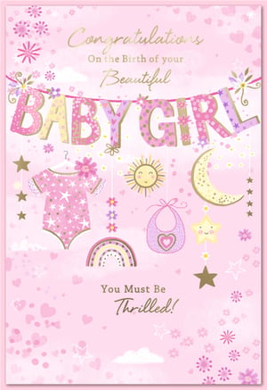 Celebrate the arrival of a precious little one with our delightful 'Birth Congrats Girl' card! Designed by Simon Elvin, this charming card is bursting with joy and sweetness, perfect for welcoming a beautiful baby girl.
Featuring a lovely pink palette adorned with shimmering gold accents, the card showcases an adorable 'BABY GIRL' banner, surrounded by whimsical illustrations. You'll find cute baby essentials like a star-patterned bodysuit and a sweet bib, alongside enchanting celestial elements such as a smiling sun, crescent moon, and twinkling stars. A cheerful rainbow and delicate flowers complete this heartwarming design.
The heartfelt message, 'Congratulations On the Birth of your Beautiful BABY GIRL You Must Be Thrilled!', conveys genuine warmth and excitement. Stock up on this popular design with our convenient 1x6 pack size, ensuring you're always ready to help your customers share their happiness. It's the perfect way to send love and best wishes to new parents!