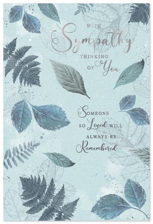 Offer a heartfelt message of comfort with our beautiful Sympathy cards from Simon Elvin. This elegant design features a serene array of blue and teal foliage, including delicate leaves and ferns, set against a calming, textured background. The thoughtful message, "WITH Sympathy, THINKING OF You, Someone SO Loved WILL ALWAYS BE Remembered," is presented in a graceful script, conveying genuine warmth and remembrance. These cards are perfect for offering solace during difficult times, designed to provide a gentle and respectful touch. Each wholesale pack contains 6 high-quality cards, ensuring you have a supply of these sensitive greetings readily available for your customers.