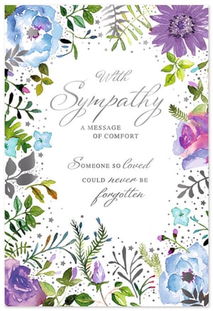 Offer a heartfelt message of comfort with our beautiful Sympathy cards from Simon Elvin. This exquisite design features a stunning watercolour array of soft blue, purple, and green florals, delicately accented with subtle silver details. The gentle artistry creates a serene and respectful tribute, perfect for expressing condolences.

Inside, the touching message, 'With Sympathy, A MESSAGE OF COMFORT, Someone so loved COULD never BE forgotten,' provides solace during difficult times. These cards are thoughtfully crafted to convey genuine care and support. Available in a convenient pack of 6, they are an essential addition to your greeting card selection, ensuring your customers can always find the perfect way to share their deepest sympathies.
