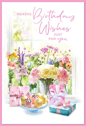 Celebrate her special day with this delightful "Open Birthday Female" card from Simon Elvin. This charming design features a beautiful watercolour illustration, capturing a serene scene of abundant flowers, sweet treats, and thoughtfully wrapped gifts, all set against a bright window backdrop.

The soft pinks, yellows, and purples create a warm and inviting feel, perfect for sending heartfelt birthday wishes. Adorned with the elegant message "Making Birthday Wishes Just For You," this card is ideal for any woman in your life. Offer your customers a touch of elegance and joy with this lovely card, available in a convenient pack of 6.