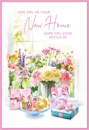 Help celebrate a wonderful new chapter with our charming 'New Home' greeting card. This beautifully illustrated design captures the joy of moving in, featuring a bright window scene overflowing with vibrant flowers. A delightful display of pastel-iced cakes and prettily wrapped gifts adds to the celebratory feel, creating a truly inviting image. The elegant script wishes them well: 'FOR YOU IN YOUR New Home HOPE YOU SOON SETTLE IN'. With its warm colours and thoughtful details, this card is the perfect way to send your best wishes and help someone special settle into their new surroundings. A lovely choice for any new homeowner.