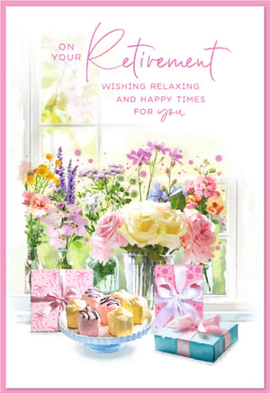 Welcome a new chapter with our lovely 'Retirement' card from Simon Elvin. This charming design showcases a serene window scene, alive with a vibrant array of colourful flowers in soft pinks, purples, and yellows. On the windowsill, a delightful spread of petit fours and beautifully wrapped gifts creates a celebratory atmosphere. The warm message, "On Your Retirement, Wishing Relaxing and Happy Times For You," thoughtfully conveys best wishes for this significant milestone. With its gentle watercolour style and cheerful palette, this card is a wonderful way to mark the start of a well-deserved retirement. Available in a convenient pack of 6, it's a perfect addition to your greeting card selection.