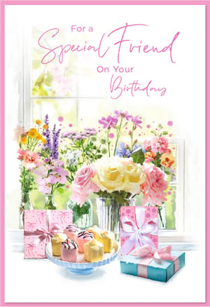 Brighten a special friend's birthday with this enchanting card from Simon Elvin. Adorned with a beautiful watercolour-style illustration, it depicts a serene scene through a sunlit window, brimming with vibrant blooms, delicate petit fours, and thoughtfully wrapped gifts. The elegant pink script conveys a heartfelt message: "For a Special Friend On Your Birthday," making it the perfect choice to celebrate a cherished female friend. This card beautifully captures the warmth and joy of the occasion, ensuring your message stands out. Supplied in a convenient pack of 6, ready for your retail display.
