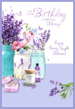 Offer your customers a touch of serene elegance with our 'Open Birthday Female' card from Simon Elvin. This beautiful design is a celebration of all things calming and lovely, featuring charming illustrations of lavender and delicate pink flowers nestled in rustic mason jars. The scene is completed with delightful lavender-themed products like artisan soaps, a scented candle, and a soothing bottle, all evoking a sense of tranquil well-being. Graceful butterflies add a whimsical touch to the soft, pastel palette. With a warm message wishing 'On Your Birthday, A Special Message, Enjoy Every Single Moment,' this card is perfect for any woman. Supplied in a convenient pack of 6, it's an ideal choice for retailers seeking a thoughtful and visually appealing birthday option.