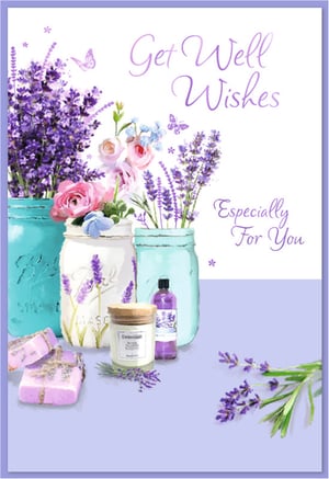 Offer heartfelt 'Get Well Wishes' with this beautiful card, thoughtfully designed for her. Featuring a serene watercolour illustration of fragrant lavender sprigs, delicate pink roses, and charming mason jars, it evokes a sense of calm and comfort. The gentle message 'Especially For You' adds a personal touch, making it perfect for conveying warmth and care. This card is an ideal choice for brightening someone's day with its tranquil design and heartfelt sentiment. A charming option for your greeting card display.