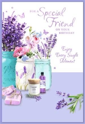 This exquisite birthday card, "Friend Female," from Simon Elvin, is designed to delight. Adorned with charming illustrations of fragrant lavender and soft pink roses nestled in rustic mason jars, it creates a serene and beautiful scene. Delicate butterflies add a touch of grace to the vibrant floral display. The thoughtful design extends to include lovely lavender-themed items like artisan soap, a calming candle, and soothing lotion, suggesting a gift of pure relaxation. With the warm message "For a Special Friend On Your Birthday" and "Enjoy Every Single Moment," this card is the perfect choice for conveying heartfelt wishes to a cherished female friend. Available in a convenient 1x6 pack size, it's an ideal addition to your greeting card selection.