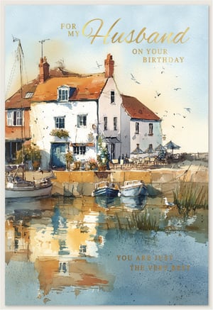 This charming birthday card for your Husband features a beautiful watercolour illustration of a tranquil coastal scene. Picturesque houses with warm terracotta roofs overlook a calm harbour, where boats gently rest on the reflective water. The serene artwork perfectly complements the heartfelt message: "FOR MY Husband ON YOUR BIRTHDAY" and "YOU ARE JUST THE VERY BEST". This card, supplied by Simon Elvin, is a wonderful choice for customers looking for a special way to celebrate. Available in a convenient pack size of 1x6, it's an ideal addition to your greeting card selection.
