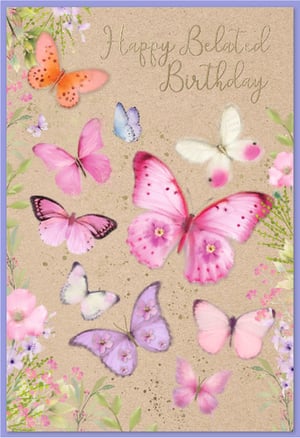 Ensure your customers never miss a birthday wish with our delightful 'Belated Female' card from Simon Elvin. This charming design features a beautiful array of butterflies in various shades of pink, purple, and orange, gracefully fluttering across a warm, textured background. Delicate floral accents in soft greens and lilacs frame the edges, adding an extra touch of elegance. The heartfelt 'Happy Belated Birthday' message is presented in a lovely script, making it the perfect way to send warm wishes, even if a little late. Stock up on this popular design, available in convenient packs of 6, to offer your customers a truly lovely belated greeting.