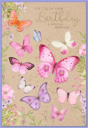 Introduce a touch of elegance to your card selection with this enchanting "Open Birthday Female" card from Simon Elvin. This exquisite design showcases a vibrant collection of butterflies in soft pinks, purples, oranges, and whites, gracefully dancing among delicate floral illustrations. The warm, textured background perfectly complements the shimmering "Birthday" message, which is accompanied by "A Special Message" for that personal touch. Ideal for celebrating any special woman, these cards are designed to convey warmth and joy. Available in a convenient pack of 6, they are a wonderful addition to any retail display, promising to captivate your customers.