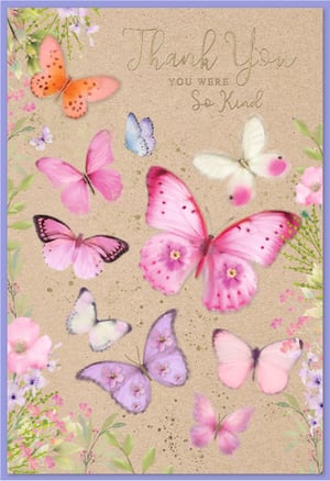 Express heartfelt gratitude with this charming 'Thank You' card from Simon Elvin. Adorned with a delightful flutter of colourful butterflies in shades of pink, purple, orange, and soft blue, this card is a beautiful way to show appreciation. Delicate floral accents frame the warm, textured background, creating a truly inviting design. The elegant gold-foiled script reads 'Thank You, You Were So Kind', conveying a warm and sincere message. Ideal for customers seeking a thoughtful and pretty card for any occasion, these cards are supplied in a convenient pack of 6 (1x6). A lovely choice for your retail display.