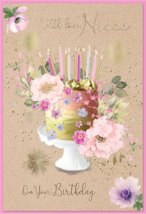 Celebrate your Niece's special day with this enchanting birthday card. Featuring a beautifully illustrated cake adorned with delicate pink, purple, and blue flowers, it's a truly charming design. Elegant gold accents and flickering candles add a touch of sparkle, while the rustic background provides a sophisticated contrast. The heartfelt message 'With love, Niece' and 'On Your Birthday' makes this card a wonderful way to show affection. Perfect for any Niece, this card is sure to bring a smile. Supplied by Simon Elvin, each pack contains 6 cards, ready to delight your customers.
