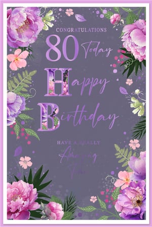 Celebrate a truly special milestone with this beautiful Age 80 Female birthday card from Simon Elvin. Featuring an exquisite floral design, the card showcases stunning purple and pink peonies, complemented by lush green foliage and delicate accents. The elegant "80 Today" and "Happy Birthday" text, with decorative initial letters, adds a sophisticated touch. Inside, a warm message wishes the recipient "Have a Really Amazing Time." This card is perfect for honouring a significant 80th birthday, offering a heartfelt and memorable greeting. Available in a convenient pack size of 1x6, it's an essential addition to your greeting card display.