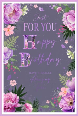 Introduce the beautiful Simon Elvin Open Birthday Female card to your collection. This charming design features a vibrant array of watercolour flowers in lovely shades of purple and pink, elegantly arranged against a sophisticated dark background. The card's message, "Just FOR YOU Happy Birthday," is presented with graceful script and decorative, floral-filled initial letters, adding a special touch. Further heartfelt wishes like "HAVE A REALLY Amazing time" complete this thoughtful greeting. Perfect for celebrating any special woman, this card offers a truly delightful and feminine choice. Available in a convenient pack size of 1x6, it's an ideal addition to your greeting card display, ready to bring joy to your customers.