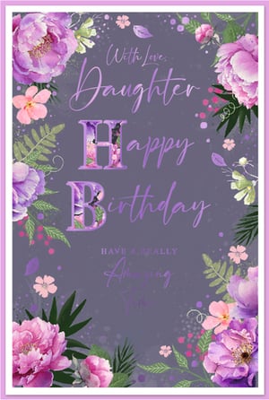 Celebrate a special daughter's birthday with this exquisite card from Simon Elvin. Featuring a beautiful array of vibrant purple and pink peonies, lush green foliage, and delicate floral accents, this design is truly eye-catching. The elegant script reads 'With Love, Daughter Happy Birthday', with decorative initial letters adding a touch of charm. Inside, the message continues 'HAVE A REALLY Amazing Day', making it a heartfelt way to send warm wishes. This stunning card is perfect for retailers looking to offer a premium option for customers celebrating their daughters. Available in a convenient pack of 6, ensuring you're always stocked with this popular choice.