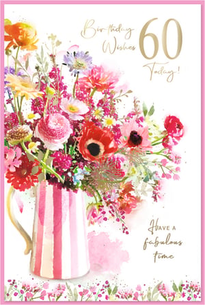 This delightful Age 60 Female birthday card features a beautiful watercolour illustration, perfect for celebrating a milestone. A vibrant arrangement of pink, red, and orange flowers, nestled in a charming striped jug, creates a cheerful and artistic design. The card conveys warm 'Birthday Wishes 60 Today!' in elegant gold script, along with the sentiment to 'Have a fabulous time'. It's an ideal choice for a special woman marking her sixtieth. Supplied by Simon Elvin, these cards come in a pack of 6, ready to add a touch of floral elegance to your card selection.