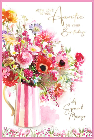 Help your customers celebrate their beloved Aunties with this exquisite birthday card from Simon Elvin. This beautiful design features a vibrant watercolour bouquet, bursting with an array of pinks, reds, and purples, elegantly arranged in a charming striped jug.

The delicate gold foil lettering, reading 'Auntie On Your Birthday' and 'With Love To You', adds a touch of sophistication, ensuring a truly special message. Perfect for conveying warmth and affection, these cards are supplied in a convenient pack of 6, ready to brighten any Auntie's day.