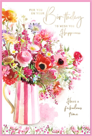 Celebrate her special day with this absolutely beautiful Open Birthday card from Simon Elvin. Featuring a stunning watercolour bouquet bursting with vibrant pinks, reds, and oranges, nestled in a charming striped jug, this card is a true work of art. The elegant script wishes 'Happiness' and encourages her to 'Have a fabulous time', making it the perfect way to send warm birthday greetings. Its cheerful and artistic design is sure to bring a smile to any recipient's face. Available in a convenient pack of 6, this card is ideal for retailers looking to offer a touch of floral elegance.