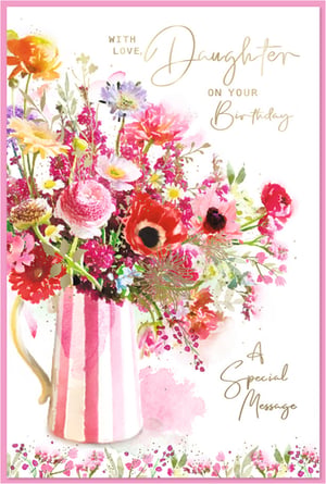 Present your customers with this exquisite 'Daughter' birthday card from Simon Elvin, designed to convey heartfelt wishes. This beautiful card features a captivating watercolour illustration of a vibrant floral bouquet, bursting with an array of pink, red, orange, and purple blooms, nestled in a charming pink and white striped jug. The elegant gold foil lettering proudly proclaims "With Love, Daughter On Your Birthday," adding a touch of luxury. A delicate floral border and space for "A Special Message" complete this artistic design. Supplied in a convenient pack of 6, these cards are a wonderful choice for retailers seeking high-quality, visually stunning options for celebrating a daughter's special day.