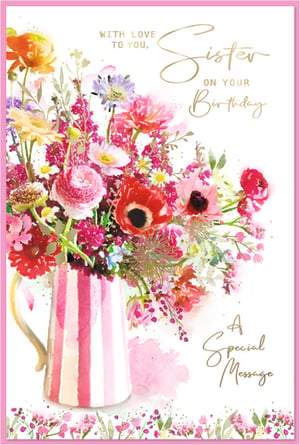 Help customers celebrate their sister's birthday with this lovely card from Simon Elvin. Featuring a beautiful watercolour design, it showcases a vibrant bouquet of flowers in shades of pink, red, and orange, presented in a charming striped jug. The elegant script reads 'WITH LOVE TO YOU, Sister ON YOUR Birthday', offering a warm and personal touch. This delightful card is perfect for conveying heartfelt wishes. Each pack contains 6 high-quality cards, making it an excellent addition to your greeting card range.