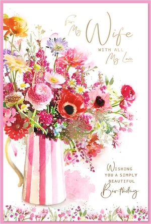 Offer your customers a truly beautiful way to celebrate their wife's birthday with this exquisite card from Simon Elvin. Featuring a stunning watercolour design, a vibrant bouquet of flowers bursts from a charming striped jug, creating a delightful and artistic impression. The elegant gold foil lettering expresses heartfelt sentiments: 'For My Wife With All My Love' and 'Wishing You A Simply Beautiful Birthday'. This card is perfect for those seeking a romantic and visually appealing option to show their appreciation. Supplied in a convenient pack of 6, it's an ideal addition to your greeting card selection, promising to capture hearts and sales.