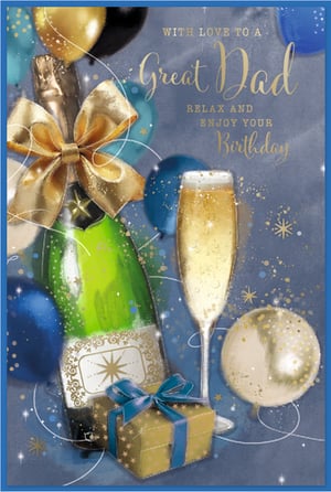 Celebrate Dad's special day with this elegant birthday card from Simon Elvin. Featuring a sophisticated design, this card showcases a sparkling champagne bottle adorned with a luxurious gold bow, a bubbling flute of fizz, and an array of festive balloons in rich blues and shimmering gold. A beautifully wrapped gift box adds to the celebratory scene, all set against a stylish blue background with glittery accents.

The heartfelt message reads: 'WITH LOVE TO A Great Dad RELAX AND ENJOY YOUR Birthday', making it the perfect choice to show appreciation. This high-quality card offers a premium feel, ideal for any retailer looking to stock a thoughtful and attractive option for Dads. Available in a convenient pack size of 1x6.