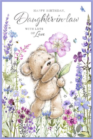 Celebrate your wonderful Daughter-in-law's special day with this charming birthday card from Simon Elvin. Featuring an adorable teddy bear shyly presenting a beautiful purple flower amidst a vibrant meadow of wildflowers and delicate butterflies, this design exudes warmth and affection. The heartfelt message, "HAPPY BIRTHDAY, Daughter-in-law WITH LOTS OF Love," makes it the perfect way to show appreciation. Stock up on this lovely design, available in a convenient pack of 6, and offer your customers a truly sweet and memorable card for their beloved Daughter-in-law.