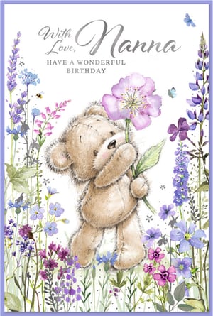 Celebrate Nanna's special day with this utterly charming birthday card from Simon Elvin. Featuring an adorable teddy bear tenderly holding a beautiful pink flower amidst a vibrant meadow of watercolour wildflowers, this card exudes warmth and affection. Delicate butterflies flutter around, adding to the serene and loving scene. The heartfelt message, 'With Love, Nanna, HAVE A WONDERFUL BIRTHDAY,' makes it the perfect choice to show appreciation. Stock up on this delightful design, available in a convenient pack of 6, and offer your customers a truly special way to wish their Nanna a wonderful birthday.