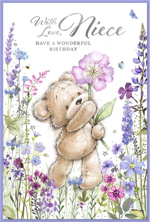 Celebrate a special Niece's birthday with this utterly charming card from Simon Elvin. This delightful design features an adorable teddy bear lovingly holding a beautiful pink flower, nestled amongst a vibrant meadow of purple and blue wildflowers. Delicate butterflies flutter around, adding to the enchanting scene.

The heartfelt message "With Love, Niece, HAVE A WONDERFUL BIRTHDAY" makes it a perfect choice for conveying warm wishes. This lovely card is sure to bring a smile to any niece's face. Stock up on this sweet design, available in a convenient pack of 6, and offer your customers a truly heartwarming option for their beloved nieces.