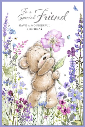 Celebrate a special friend's birthday with this utterly charming card from Simon Elvin. Featuring an adorable teddy bear lovingly holding a beautiful pink flower, surrounded by a delightful array of purple and blue wildflowers, it's sure to bring a smile. Delicate butterflies and a busy bee add to the enchanting garden scene. The heartfelt message, 'To a Special Friend, Have a Wonderful Birthday,' makes it perfect for conveying warm wishes. This lovely design is ideal for any female friend and comes in a convenient pack of 6, ready to stock your shelves. A truly sweet choice for your customers.