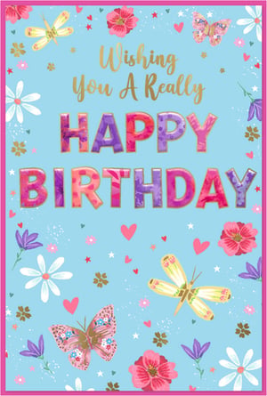 Celebrate in style with this vibrant 'Open Birthday Female' card from Simon Elvin. Designed to bring joy, this delightful card features a cheerful light blue background, beautifully decorated with an enchanting mix of colourful butterflies, dragonflies, and pretty floral patterns. The prominent 'HAPPY BIRTHDAY' message shines in bold, textured lettering, perfectly complemented by elegant gold script. Ideal for any female recipient, its versatile and eye-catching design makes it a fantastic addition to your greeting card range. Available in a convenient pack of 6, these cards are ready to help your customers share warm wishes.