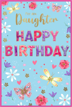 Daughter Birthday Card by Simon Elvin.

This charming birthday card, designed by Simon Elvin, is perfect for celebrating that special daughter. Set against a cheerful blue background, the design features elegant gold script for "Daughter" and vibrant, patterned lettering for "HAPPY BIRTHDAY". Adorned with beautiful butterflies, dragonflies, and an assortment of colourful flowers, hearts, and stars, it creates a truly delightful and festive feel. This card is sure to stand out on your shelves and bring joy to any recipient. Stock up with our convenient pack of 6, ensuring you have this popular design readily available for your customers.
