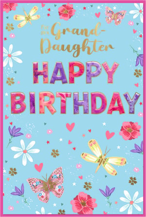 Celebrate a special granddaughter's birthday with this delightful card from Simon Elvin. Featuring a charming light blue background adorned with a vibrant array of butterflies, dragonflies, and pretty flowers, this card is sure to bring a smile.

The golden 'For our Grand-Daughter' script beautifully complements the bold, colourful 'HAPPY BIRTHDAY' lettering, which is intricately patterned for an extra touch of sparkle. Scattered hearts and stars add to the celebratory feel. Perfect for any retailer looking to offer a sweet and cheerful option for granddaughters, this card comes in a convenient pack of 6. A truly lovely way to send warm birthday wishes.