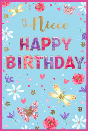 Brighten any niece's special day with this delightful Niece Birthday Card from Simon Elvin. Featuring a charming light blue background adorned with a flurry of colourful butterflies, dragonflies, and pretty floral designs, this card is sure to bring a smile. The shimmering gold 'Niece' text and vibrant 'HAPPY BIRTHDAY' lettering, bursting with patterns, add a touch of sparkle and fun. Supplied in a convenient pack of 6, this card is a perfect addition to your greeting card selection, offering a popular design that customers will adore for their beloved nieces. Stock up on this lovely card and help your customers celebrate in style!