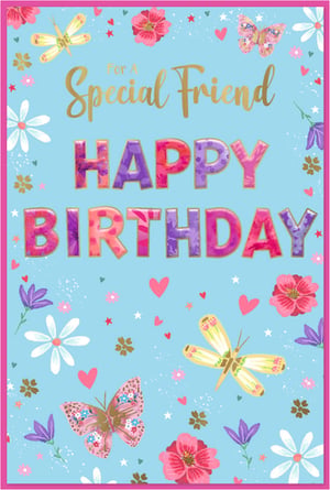 Celebrate a special friend with this delightful birthday card from Simon Elvin. This vibrant 'Friend Female' design features a cheerful light blue background, beautifully adorned with an array of colourful butterflies, dragonflies, and pretty floral accents. The embossed-style 'Happy Birthday' message, alongside the elegant 'For A Special Friend' text, truly stands out. Sparkling details, sweet hearts, and a bright pink border complete this charming design, making it perfect for showing appreciation. Each card is sure to bring a smile to any recipient. Available in a convenient pack of 6, it's an ideal addition to your greeting card selection.
