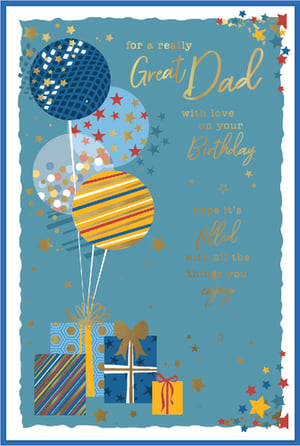 Help your customers celebrate their amazing Dads with this fantastic birthday card from Simon Elvin. This eye-catching design features a delightful array of balloons and beautifully wrapped gifts, all set against a stylish blue background. Adorned with shimmering gold and colourful stars, the heartfelt message reads 'for a really Great Dad, with love on your Birthday, hope it's filled with all the things you enjoy.' It's the perfect way to show appreciation. Available in a convenient pack of 6, these cards are sure to be a popular choice for any father's special day.