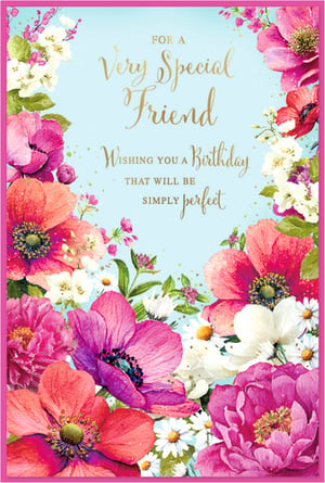 Presenting the 'Friend Female' birthday card from Simon Elvin, a truly lovely choice for that special person. This charming card features a beautiful watercolour-style floral design, bursting with vibrant pinks, reds, and crisp white blooms set against a soft blue background. The elegant golden script delivers a heartfelt message: 'Wishing you a Birthday THAT WILL BE SIMPLY perfect'. Supplied in a handy pack of 6, these cards are ideal for retailers seeking delightful and high-quality options for their customers' cherished friends.