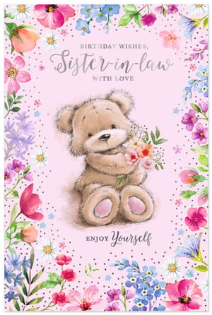 Make her birthday extra special with this delightful Sister-in-law Birthday Card from Simon Elvin. This charming design features an adorable teddy bear holding a beautiful bouquet, set against a soft pink background adorned with delicate polka dots. A vibrant border of watercolour flowers in shades of pink, blue, and purple adds a touch of elegance and joy. The heartfelt message "Birthday Wishes, Sister-in-law With Love" and "Enjoy Yourself" conveys warmth and affection. Perfect for retailers looking to offer high-quality, appealing cards, this design comes in a convenient pack of 6. Ensure your customers can find the perfect card to celebrate their beloved sister-in-law.