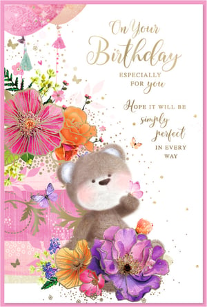 Celebrate her special day with this absolutely charming birthday card! Featuring an adorable teddy bear gently holding a butterfly, surrounded by a burst of vibrant pink, orange, and purple flowers, it's sure to bring a smile. Delicate butterflies flutter across the design, adding a touch of whimsy.

The heartfelt message inside wishes her a 'simply perfect' day in every way. This delightful card is ideal for any female recipient, offering a warm and beautiful way to send your best wishes. Stock up with this lovely design, available in a convenient pack of 6 from Simon Elvin.