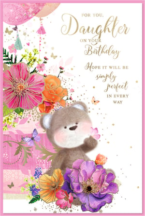 Make your daughter's birthday extra special with this beautiful card from Simon Elvin. This charming design features an adorable teddy bear delicately holding a butterfly, surrounded by a stunning array of colourful flowers in pink, orange, and purple hues. A festive pink balloon and shimmering gold accents add a touch of magic. The loving message, "FOR YOU, Daughter ON YOUR Birthday Hope IT WILL BE simply perfect IN EVERY WAY," perfectly expresses your wishes. It's the ideal way to celebrate her day. Each pack contains 6 cards, ensuring you're ready for those special occasions.
