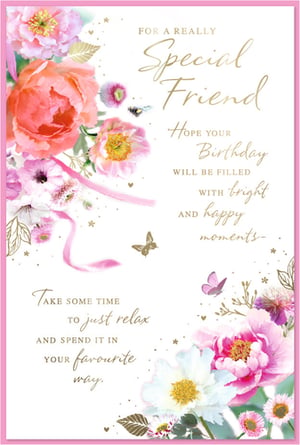 Celebrate a special bond with this lovely "Friend Female" birthday card from Simon Elvin. Featuring a beautiful watercolour design of vibrant pink and peach flowers, accented with delicate gold foil details and butterflies, it offers a truly charming touch. The thoughtful message wishes a special friend a birthday filled with bright and happy moments, encouraging them to relax and enjoy their favourite way. This card is perfect for showing appreciation to any cherished female friend. Supplied in a wholesale pack of 6, it's an ideal choice for retailers looking to offer high-quality, heartfelt greetings.
