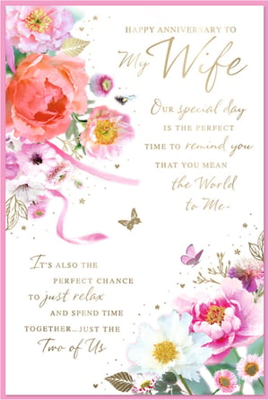 Celebrate enduring love with this exquisite Wife Wedding Anniversary card from Simon Elvin. Adorned with a stunning watercolour design of vibrant pink and peach flowers, delicate butterflies, and elegant gold accents, this card is a true visual delight. The heartfelt message inside beautifully expresses: 'Happy Anniversary to My Wife, Our special day is the perfect time to remind you that you mean the World to Me - It's also the perfect chance to just relax and spend time together... Just the Two of Us.'

This beautiful card is perfect for retailers looking to offer a meaningful option for customers celebrating their wives. Available in a convenient pack of 6, ensuring you're always well-stocked for this special occasion.