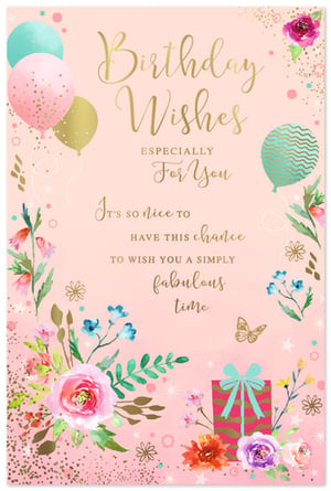 Celebrate her special day with this enchanting 'Open Birthday Female' card from Simon Elvin. Adorned with a soft pink background and shimmering gold accents, this card exudes elegance and joy. Beautiful watercolour florals in vibrant pinks, blues, and purples, alongside stylish gold and teal balloons, create a truly festive scene. A charming gift box and a delicate golden butterfly add a touch of whimsy. The heartfelt message, "Birthday Wishes ESPECIALLY For You, It's so nice to have this chance to wish you a simply fabulous time," makes it the perfect choice to send warm greetings to any wonderful woman. A delightful way to make her birthday memorable!