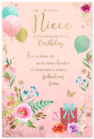 Send warm birthday wishes to your special Niece with this lovely card from Simon Elvin. The design features a soft pink background, adorned with balloons in cheerful pink, gold, and teal hues. Gold foil lettering elegantly highlights the message, wishing her a simply fabulous time. Beautiful floral arrangements, a decorative gift box, and delicate sparkling accents complete the vibrant artwork. This card offers a delightful way to celebrate her special day. Available in a wholesale pack of 6.