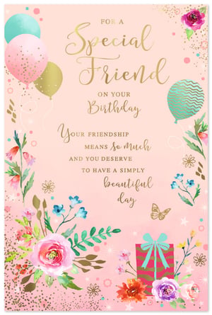 Celebrate a cherished bond with our delightful 'Friend Female' birthday card from Simon Elvin. This beautiful card features a soft pink background adorned with elegant watercolour flowers, shimmering gold balloons, and playful glitter accents, creating a truly enchanting design. The heartfelt message, 'FOR A Special Friend ON YOUR Birthday Your FRIENDSHIP MEANS So Much AND YOU DESERVE TO HAVE A SIMPLY beautiful day,' perfectly conveys warmth and appreciation. Ideal for showing a special female friend just how much she means to you. Stock up on this popular design, available in convenient packs of six, and offer your customers a truly lovely way to send birthday wishes.