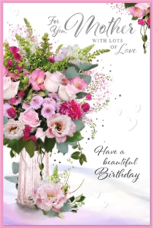Introduce the exquisite 'Mother' birthday card from Simon Elvin to your collection. This stunning card features a vibrant, watercolour-style bouquet of pink, white, and purple flowers, elegantly arranged in a delicate pink vase. The heartfelt message, 'For You, Mother WITH LOTS OF Love, Have a beautiful Birthday,' is beautifully scripted, making it the perfect choice for customers celebrating their wonderful mums. Subtle glitter accents and delicate heart details add a touch of sparkle and warmth. Crafted with care by Simon Elvin, this card offers exceptional quality and a timeless design that is sure to be a popular seller. Available in a convenient pack size of 1x6, ensuring you're well-stocked for every occasion. A truly beautiful card for a truly beautiful Mother.