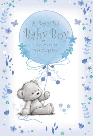 Celebrate the arrival of a precious little one with our adorable 'Birth Congrats Boy' card! This charming design features a sweet, fluffy teddy bear holding onto a beautiful blue balloon, proudly announcing 'A Beautiful Baby Boy YOU MUST BE so happy!'. The soft blue and white colour palette, adorned with delicate flowers, butterflies, and stars, creates a truly heartwarming scene. It's the perfect way for your customers to share their joy and send the warmest wishes to new parents. Stock up on this delightful card, supplied by Simon Elvin, available in a convenient pack size of 1x6. A must-have for any card display!